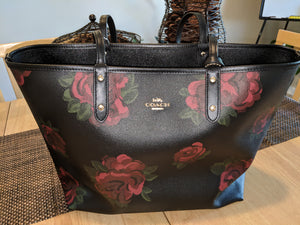 Authentic Coach Reversible Black and Red Floral Design Tote with Clutch